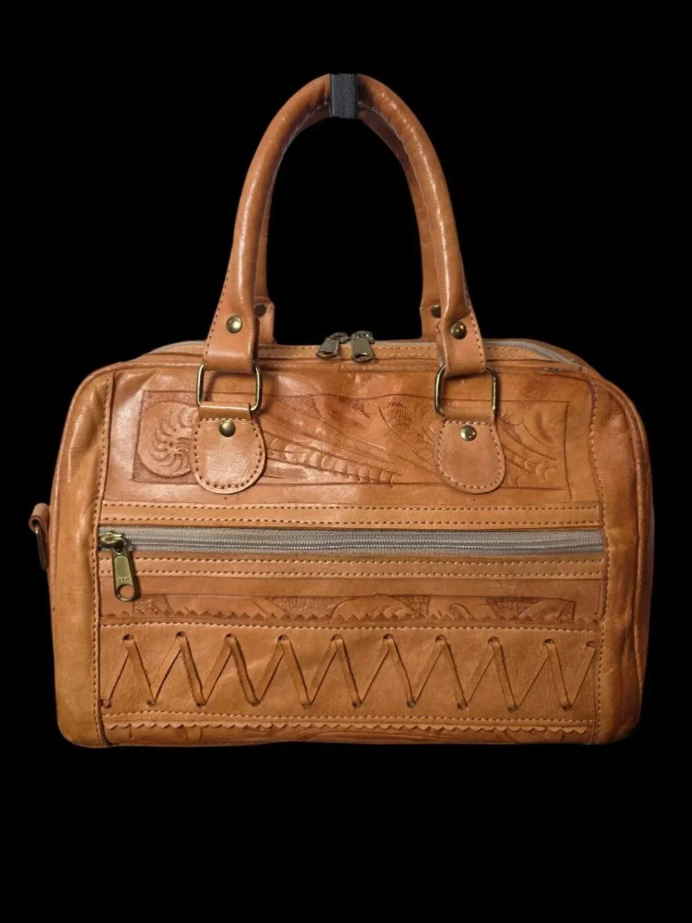 Vintage Hand Tooled Leather Satchel / Doctor Bag Dual Handles Western Southwest